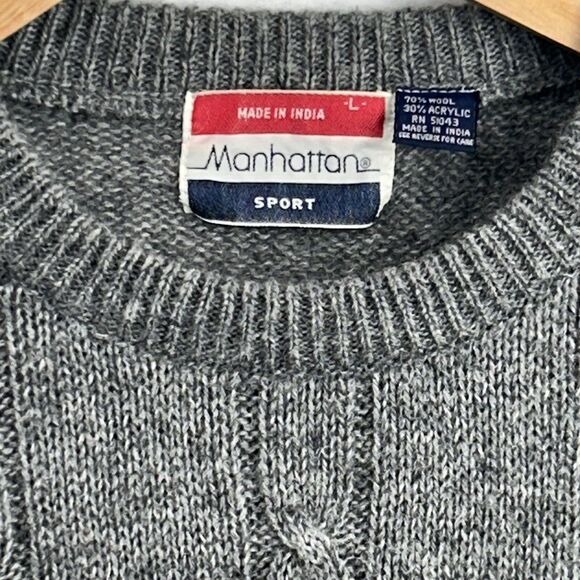 Manhattan‎ Sport Mens Large VTG Wool/ Acrylic Cable Knit Sweater Gray - Picture 3 of 11